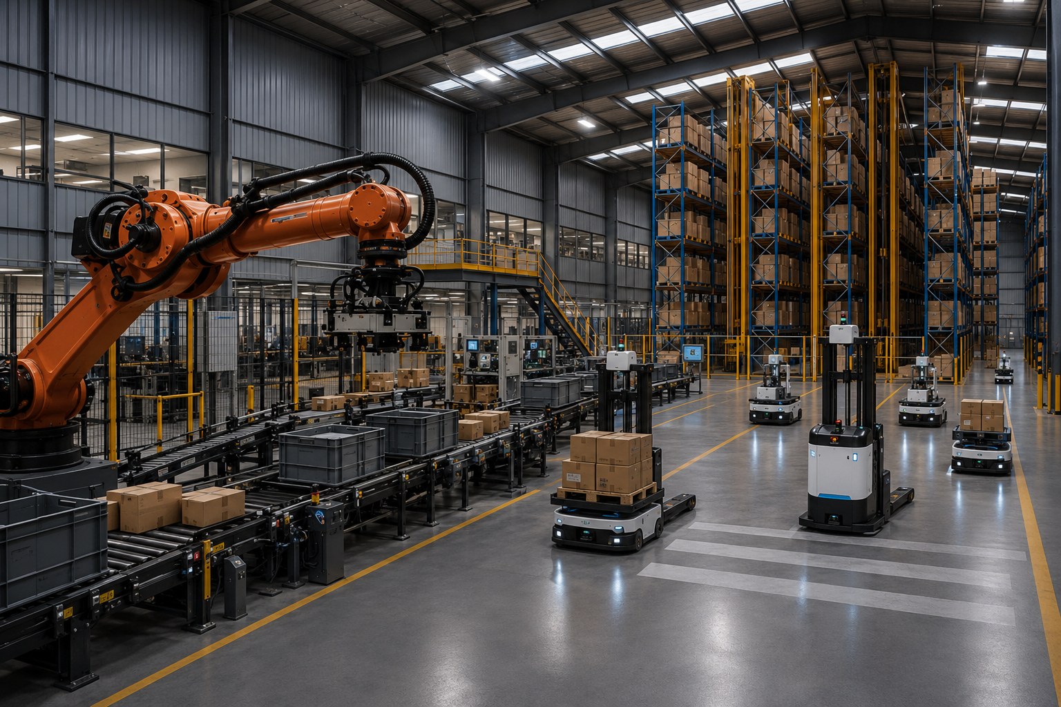 Robotic assembly line inside a modern smart factory at dusk